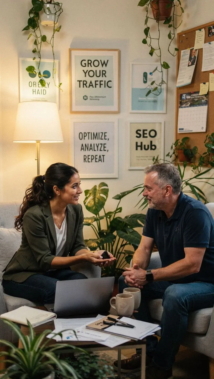 Freelance SEO professionals collaborating in shared office space.