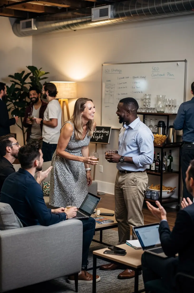 Networking event in freelance SEO hub office space