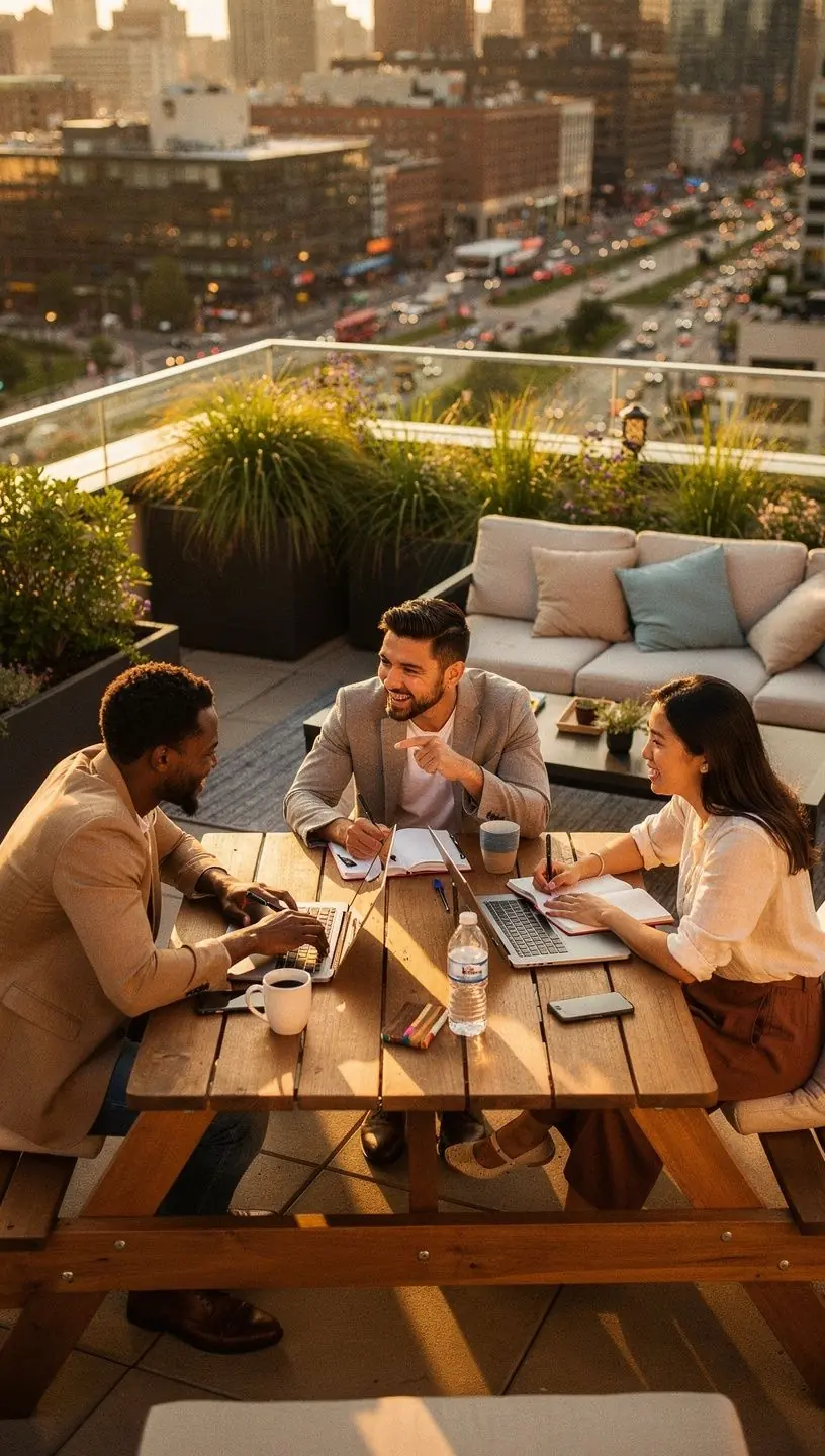 Freelancers collaborating on SEO strategies in shared office.