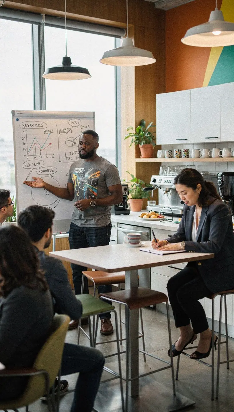 Freelancers discussing SEO innovations in shared office space.